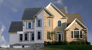 Split image of a house under construction and completed, showing a before and after of the benefits of construction painting.
