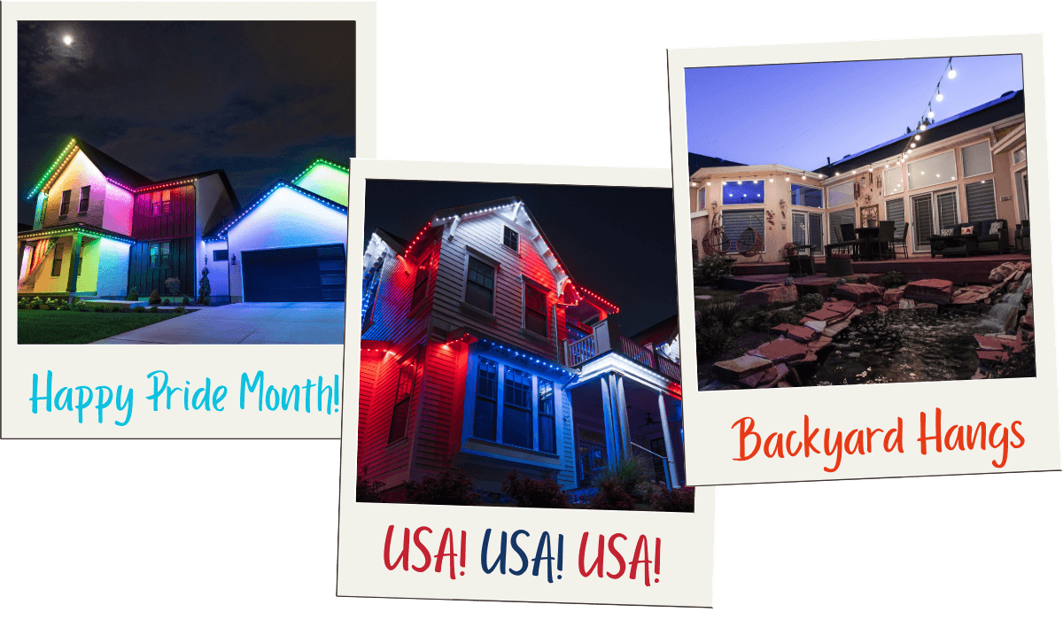 Three polaroid style images of summer holiday lighting ideas: Pride rainbows, Independence Day and backyard parties.
