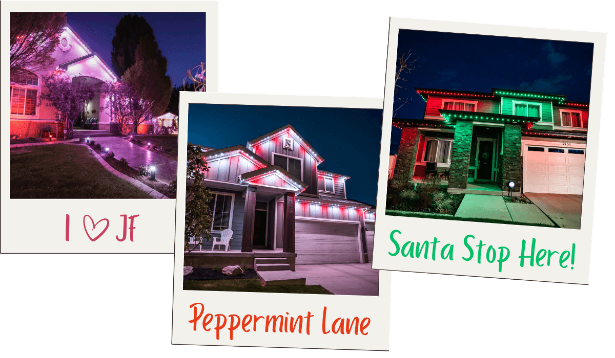 Three polaroid style images of winter holiday lighting ideas: I love JF, peppermint motif and Santa colors.